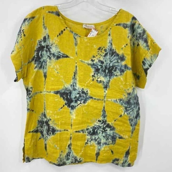 Bellambia 100% Linen Top Yellow Blue Boho Floral Womens Size Small Made in Italy - Picture 1 of 7